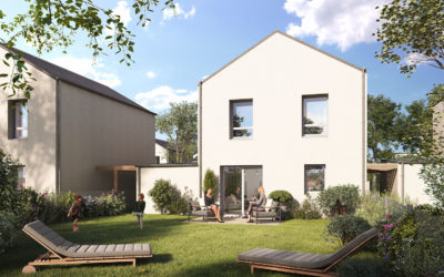 vue d'illustration 3D d'une future maison avec jardin et transats au premier plan