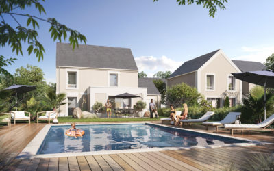 vue d'illustration 3D de futures maisons avec une piscine au premier plan