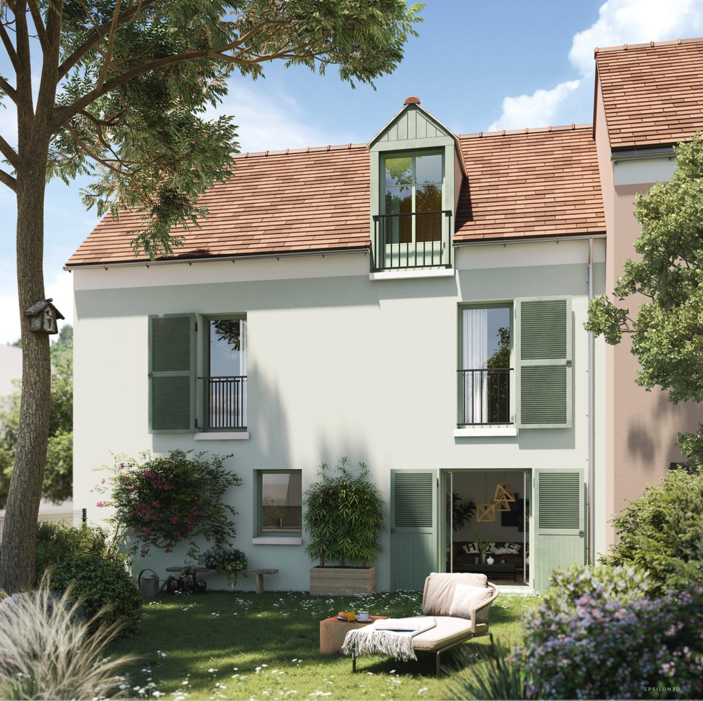 vue d'illustration d'une future maison avec un jardins au premier plan, toiture en tuile