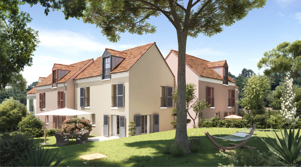 vue d'illustration de futures maisons avec des jardins au premier plan, toitures en tuile
