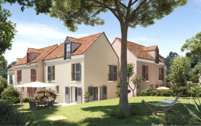 vue d'illustration de futures maisons avec des jardins au premier plan, toitures en tuile