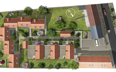 plan d'illustration d'un futur ensemble de maisons et bâtiment collectif, toits en tuile et jardins