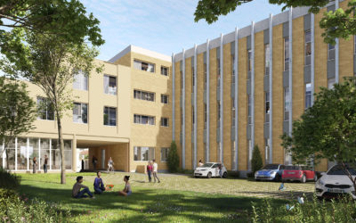 vue d'illustration 3d d'un bâtiment de résidence étudiante avec jardin au premier plan et espace partagé vitré
