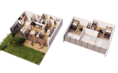 vue en 3d d'un plan de double appartement duplex avec chambres en mezzanine et espace partagé ouvrant sur un jardin