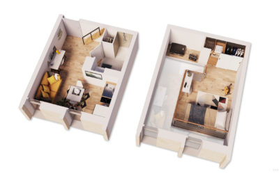 vue en 3d d'un plan d'appartement duplex avec chambre en mezzanine