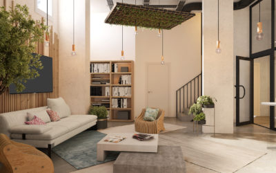 illustration 3d d'un intérieur d'espace partagé avec coin salon, bibliothèque