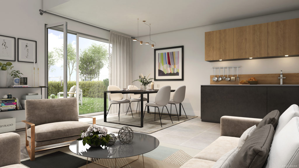 vue d'illustration 3d d'un intérieur d'appartement avec salon au premier plan et cuisine dans le fond, ouvert sur jardin