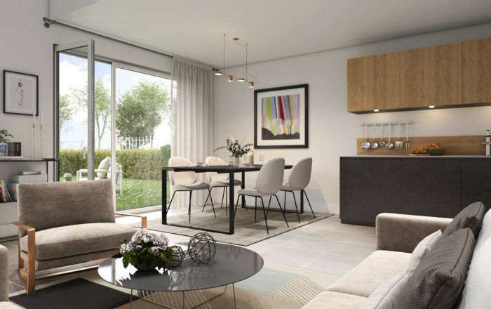 vue d'illustration 3d d'un intérieur d'appartement avec salon au premier plan et cuisine dans le fond, ouvert sur jardin