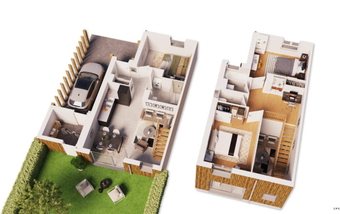 plan en 3d d'une maison de 2 étages avec jardin