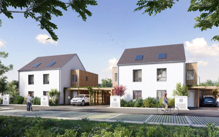 vue d'illustration 3d de futures maisons à construire avec carports en bois et rue au premier plan