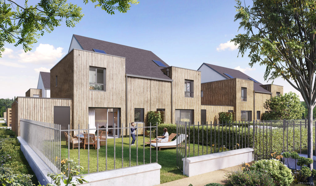 vue d'illustration 3d de futures maisons à construire, bardages bois, jardins individuels au premier plan