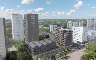 vue axonométrique de futurs bâtiments en bardage bois au cœur d'un quartier d'immeubles