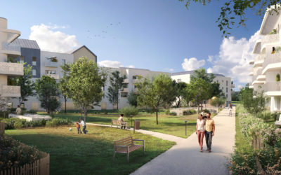 image d'illustration de bâtiments derrière des arbres avec des enfants qui jouent et un couple qui se balade