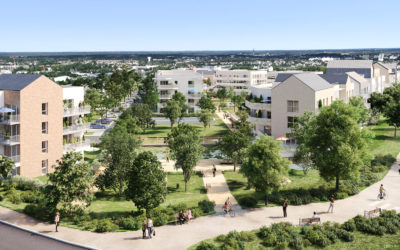 vue en plongée sur le cœur d'ilot d'un quartier, avec de la végétation et un plan d'eau