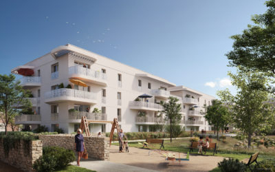 vue 3d d'un bâtiment à construire avec un square et des jeux d'enfants au premier plan