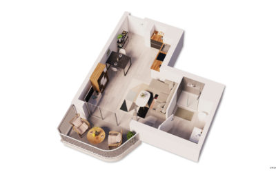 plan en 3D d'un studio avec terrasse