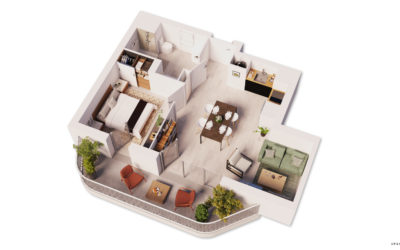 plan en 3D d'un appartement avec une chambre et un balcon