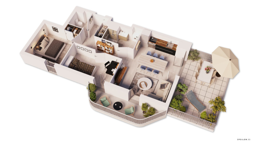 plan en 3D d'un appartement avec deux chambres et une terrasse