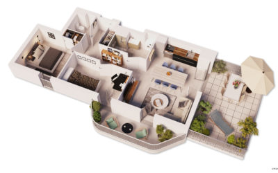 plan en 3D d'un appartement avec deux chambres et une terrasse