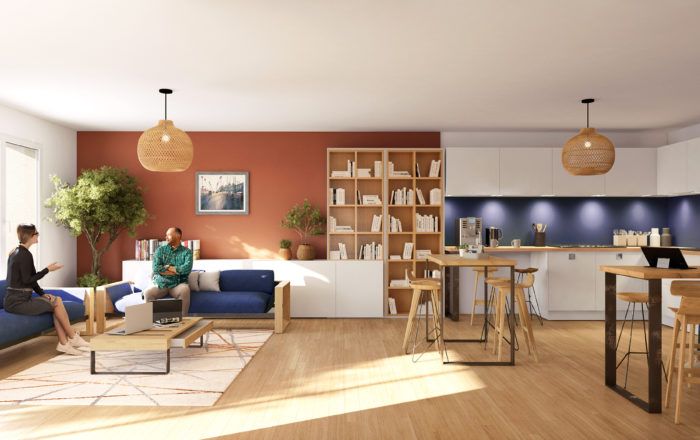 vue 3D de l'intérieur d'un espace commun dans des locaux commerciaux, avec canapés, coin cuisine et espaces de travail partagé