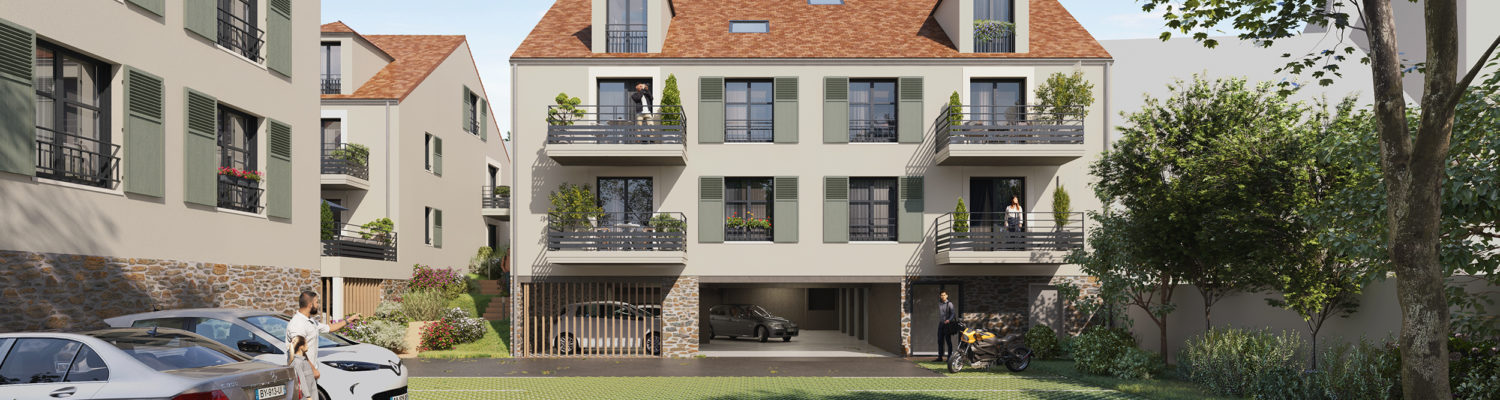 visuel de bâtiment avec des arbres et des fleurs au premier plan