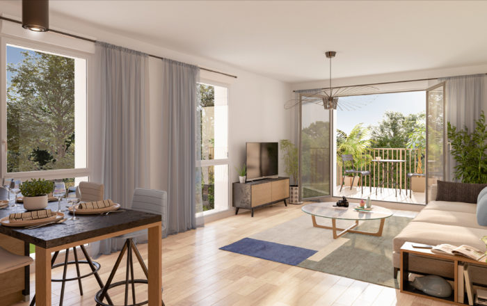 illustration 3D d'un intérieur d'appartement, coin repas au premier plan, salon ouvert sur un balcon