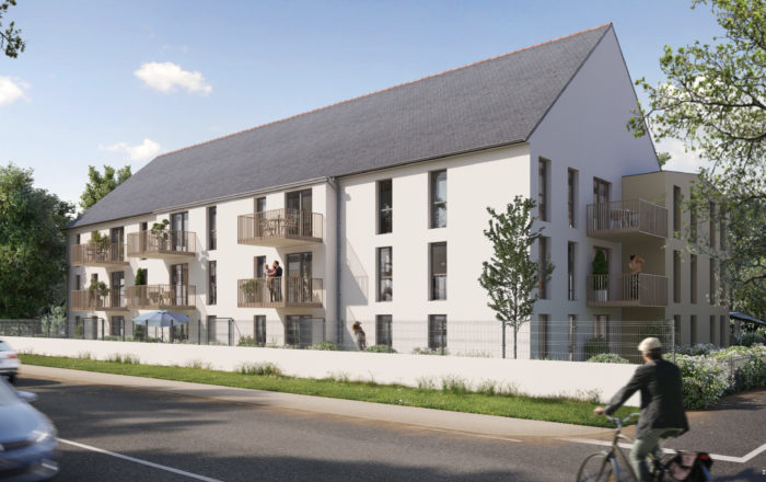 Illustration 3D d'un bâtiment d'habitation avec route et cycliste au premier plan
