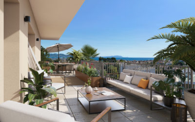 illustration 3d d'une terrasse d'appartement avec canapé, fauteuil, coin repas, vue sur mer