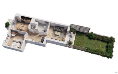 plan en 3D d'un appartement avec une chambre, et un jardin