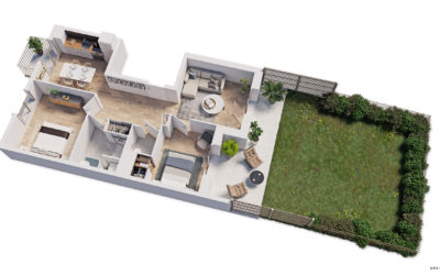 plan en 3D d'un appartement avec 2 chambres et un jardin