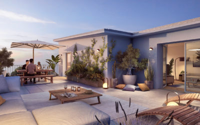 illustration 3d d'une grande terrasse avec coin canapé, transats, coin repas, personnes assises, ambiance fin de journée