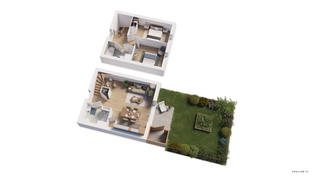 plan 3D d'une maison avec deux chambres à l'étage, un jardin et une terrasse
