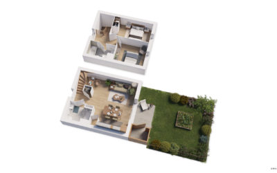plan 3D d'une maison avec deux chambres à l'étage, un jardin et une terrasse