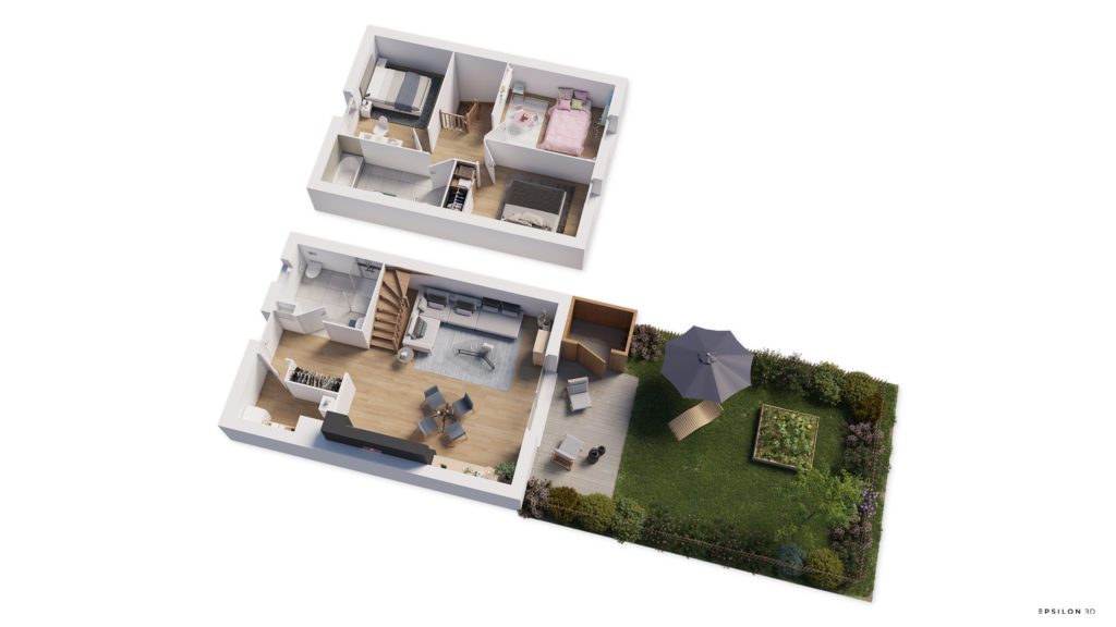 plan 3D d'une maison avec 3 chambres à l'étage, un jardin et une terrasse