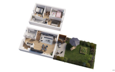 plan 3D d'une maison avec 3 chambres à l'étage, un jardin et une terrasse