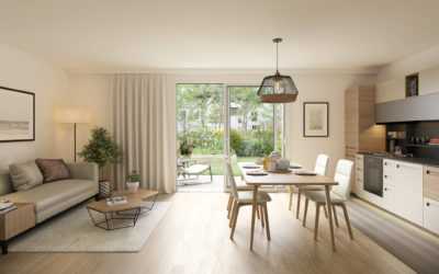 illustration 3D intérieure d'un salon avec coin cuisine, ouvert sur un jardin