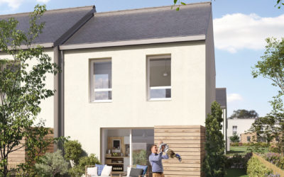 illustration 3D d'une maison en enduit et bardage, avec jardin et espace fauteuils et transats