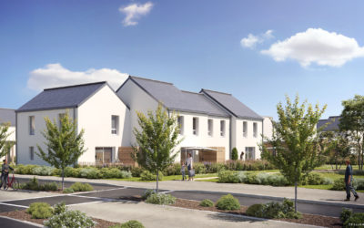 illustration 3D de maisons en enduit blanc sur espace vert et rue