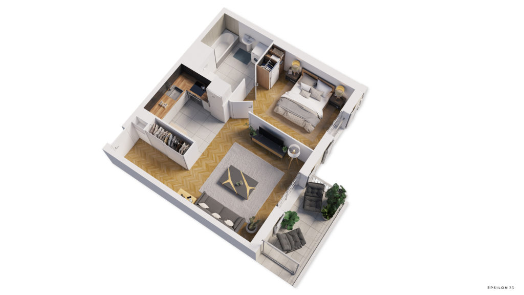 plan 3D d'un appartement avec une chambre et un balcon, sur parquet