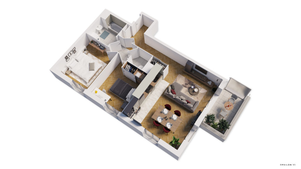 plan 3D d'un appartement avec deux chambres et un balcon, sur parquet