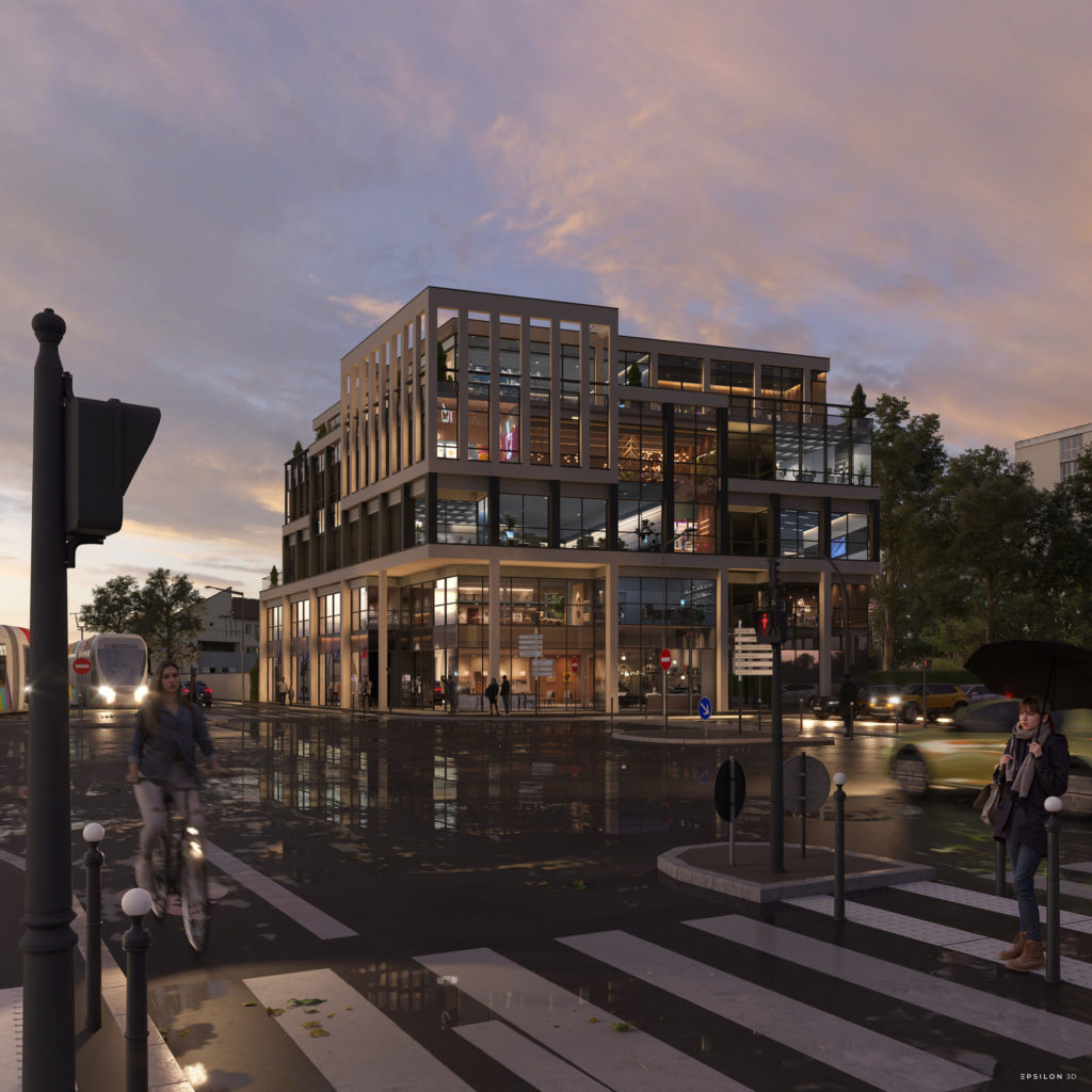 Un immeuble moderne à usage mixte bureaux et commercial dans un environnement urbain au niveau d'un carrefour. Le style architecturale avec de grandes surfaces vitrées.