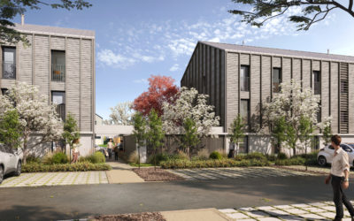 illustration 3D d'un immeuble d'habitation sur trois niveaux, bardage bois, végétation sur la rue