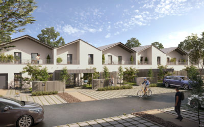 illustration 3D d'une bande de maisons avec enduit blanc et toiture en zinc, sur une rue passante