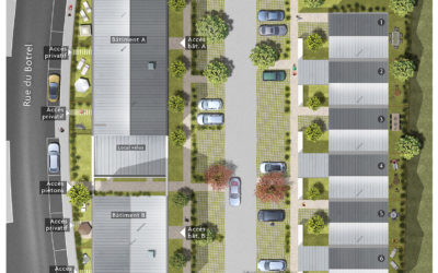 plan 3D d'un petit quartier à construire avec un collectif et quelques maisons en bande, toitures en zinc gris