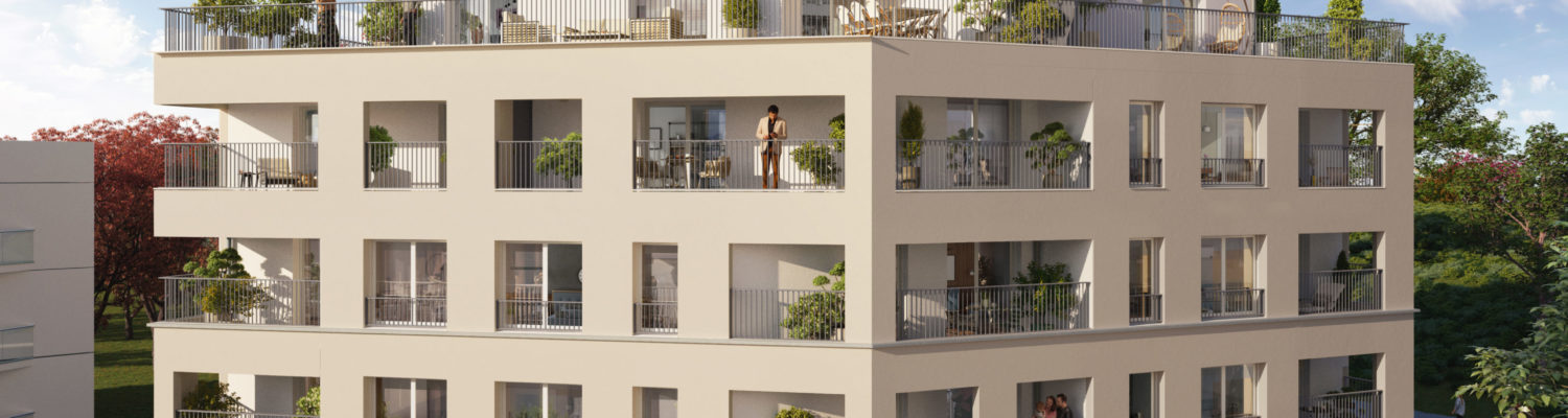 illustration 3D d'un immeuble de 5 niveaux avec terrasses et balcons