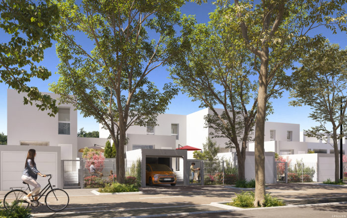 Perspective 3D réalisée par Epsilon 3D présentant un programme immobilier proposant collectif et maisons individuelles