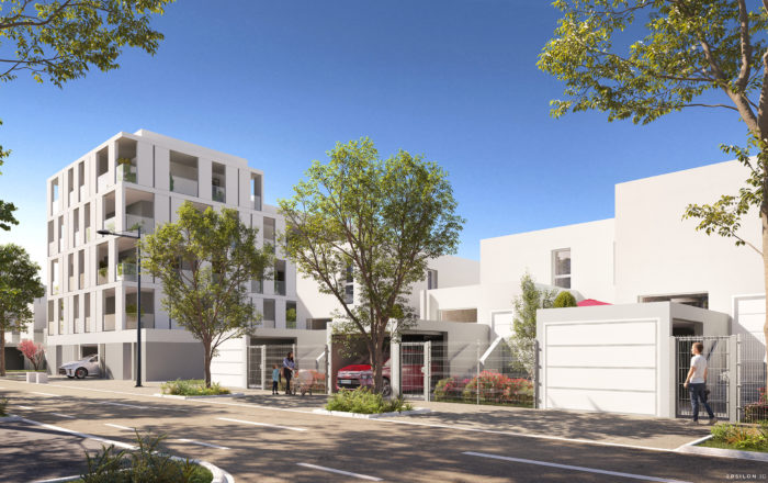 Perspective 3D réalisée par Epsilon 3D présentant un programme immobilier proposant collectif et maisons individuelles