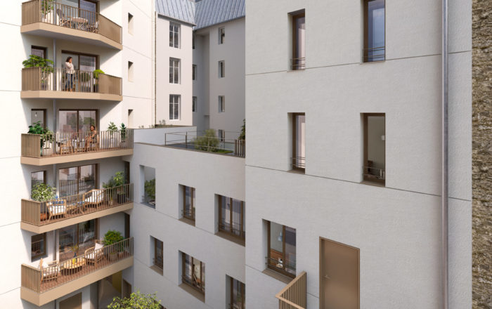 Réalisation par Epsilon 3D d'un programme immobilier avec 2 perspectives extérieures côté rue et côté cours