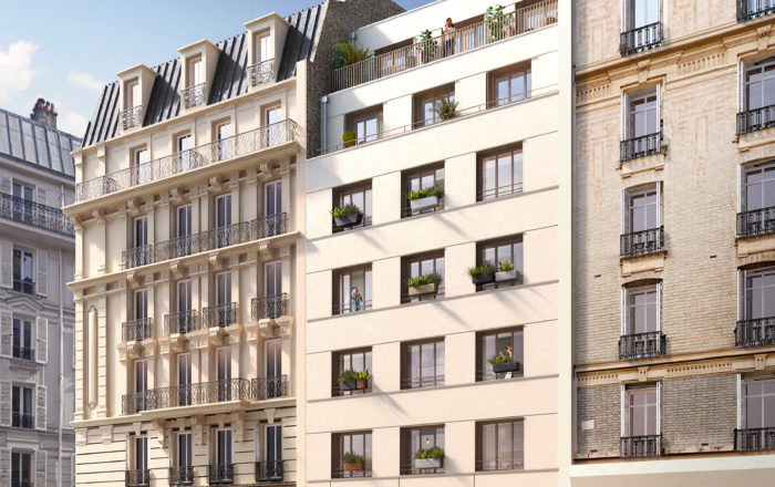 perspective 3D d'un immeuble vue rue en Ile-de-France