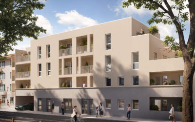 Illustration en 3D d'un bâtiment moderne, qui se trouve le long d'une rue, façade beige clair, plusieurs personnes sur le trottoir